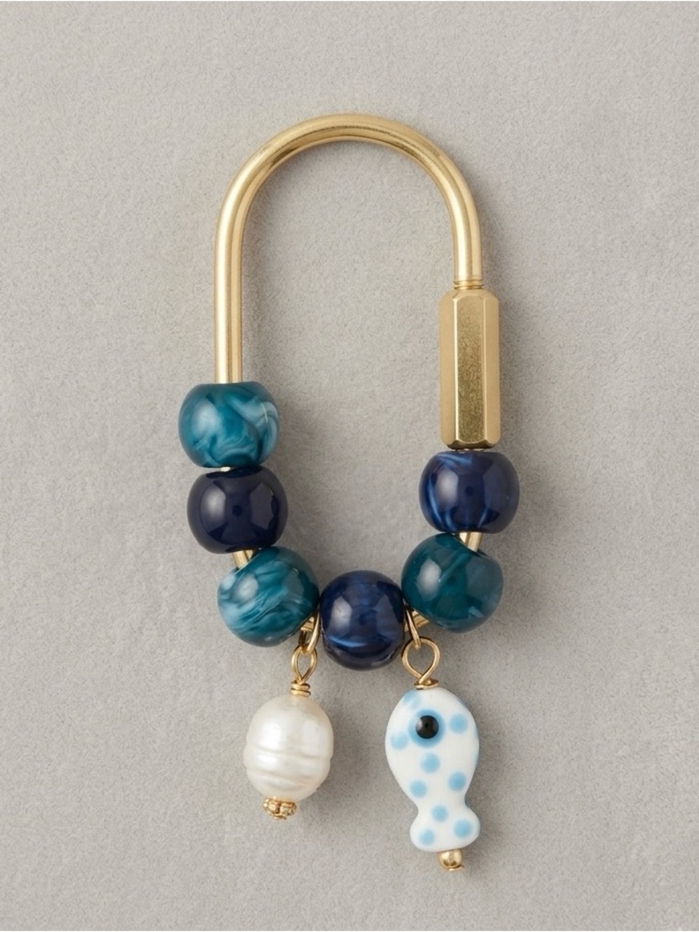 Viral Carabiner Beaded Bag Charm Teal & Gold Tones with Fish Charm